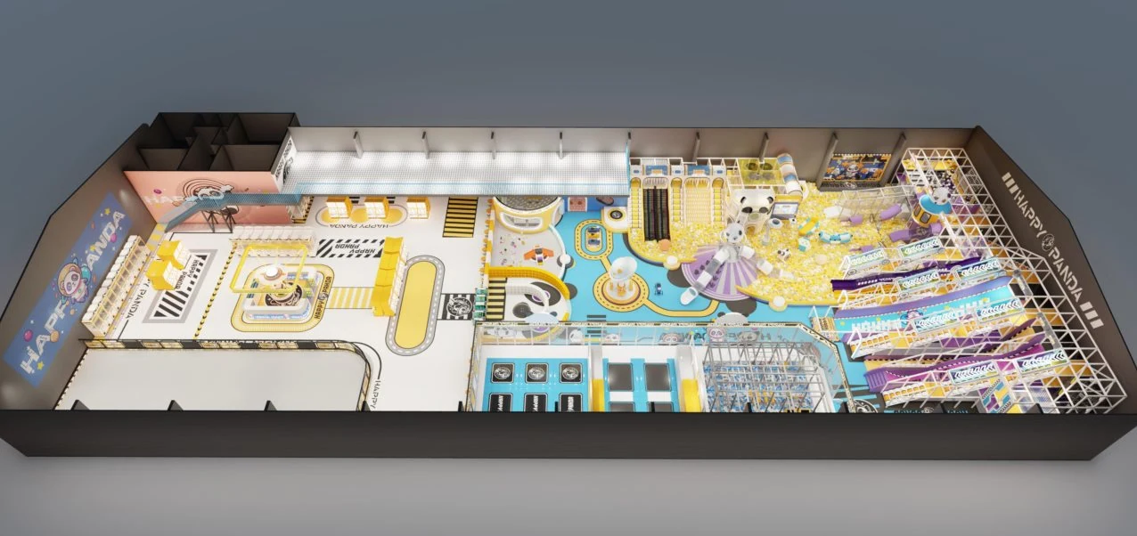 Themed indoor playground layout and modular play structures