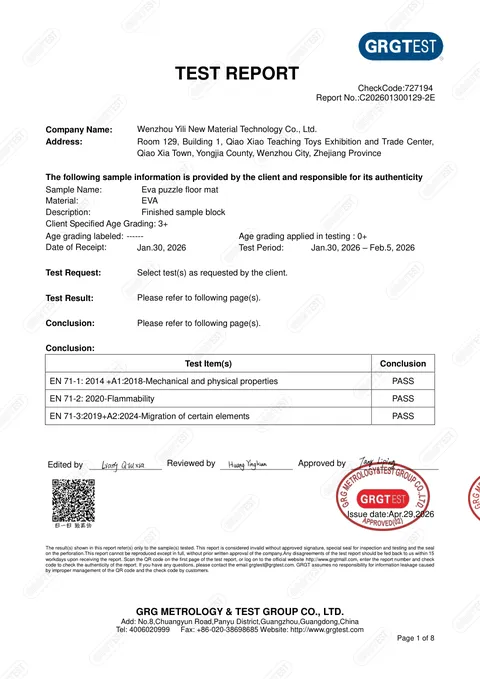 EVA Floor Mat Test Report issued by GRG Metrology & Test, 2026