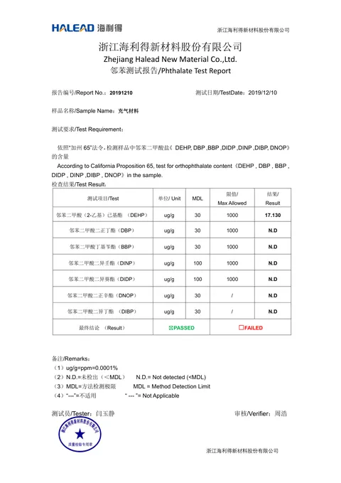 Inflatable Material Phthalate Test issued by Hailide laboratory, 2019