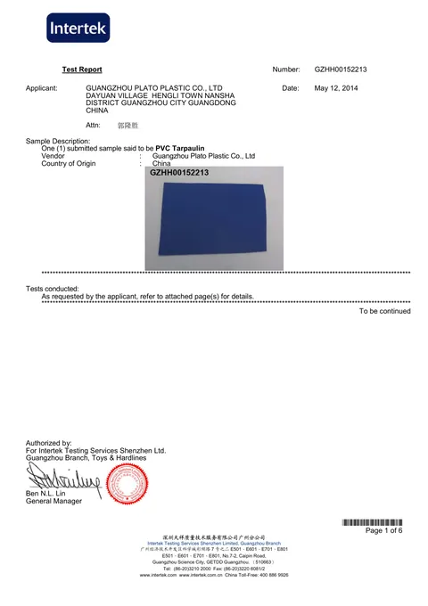 PVC Tarpaulin Test Report issued by Intertek, 2014