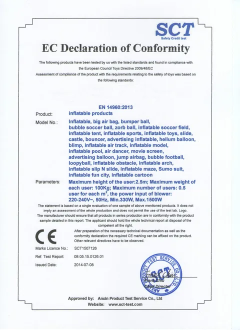 Inflatable Products EC Declaration issued by SCT · Anxin Product Test Service, 2014