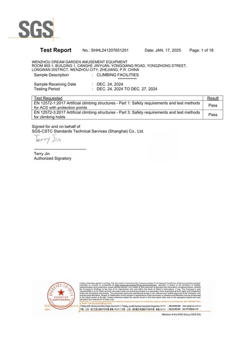 Climbing Wall Test Report issued by SGS, 2025