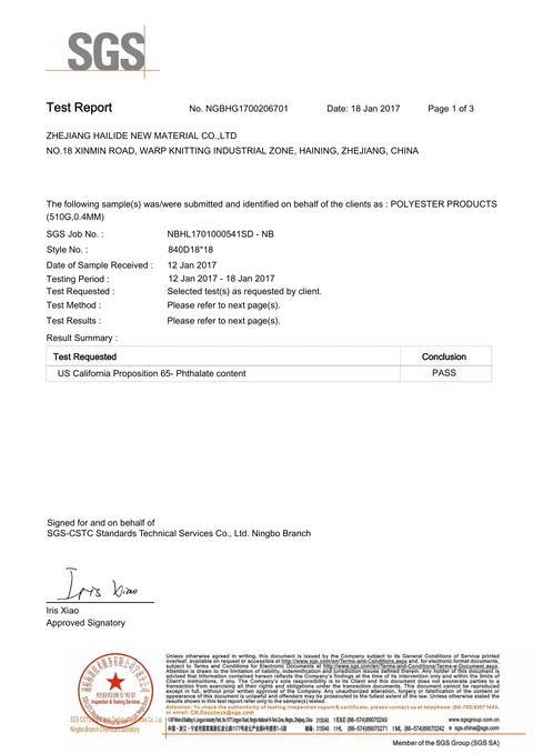 0.40 mm Fabric Phthalate Test issued by SGS, 2017