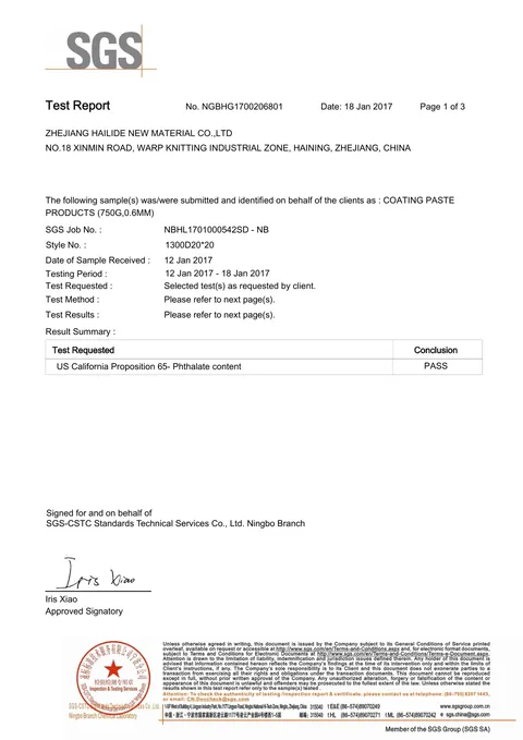 0.60 mm Fabric Phthalate Test issued by SGS, 2017