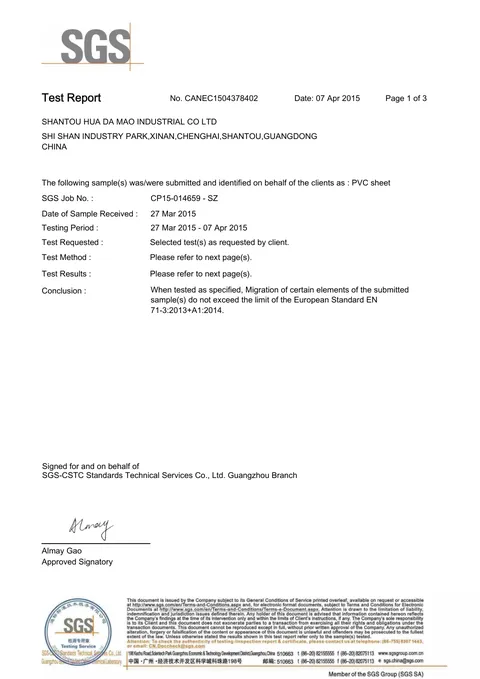 PVC Heavy Metals Test issued by SGS, 2015