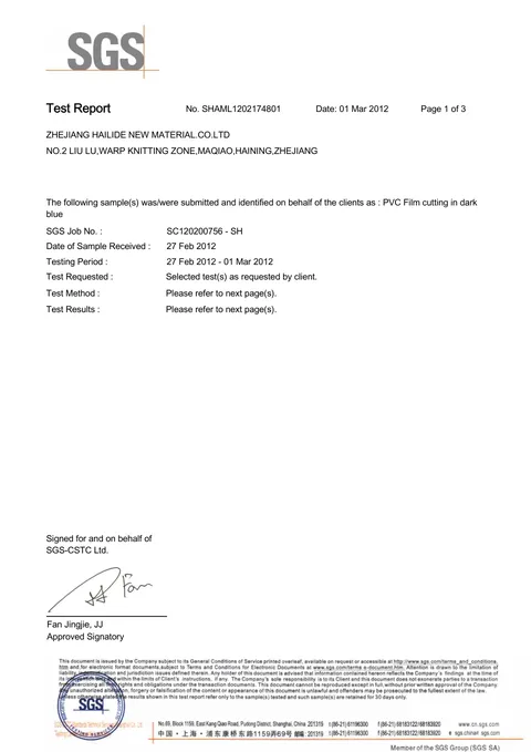 PVC Film Phthalate Test issued by SGS, 2012