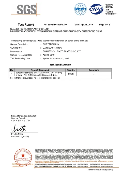 PVC Tarpaulin Flammability Test issued by SGS, 2019