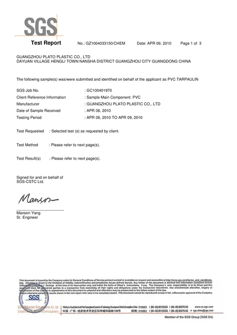 PVC Tarpaulin Heavy Metals Test issued by SGS, 2010