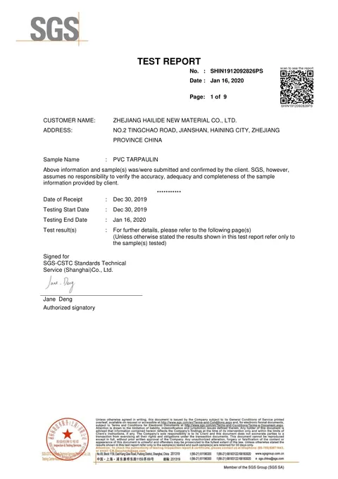 18 oz PVC Tarpaulin Performance Test issued by SGS, 2020