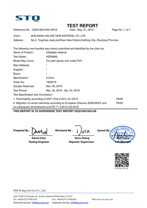 0.40 mm PVC Fabric Test Report issued by STQ Testing Services, 2019