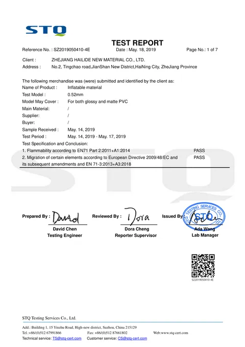 0.52 mm PVC Fabric Test Report issued by STQ Testing Services, 2019