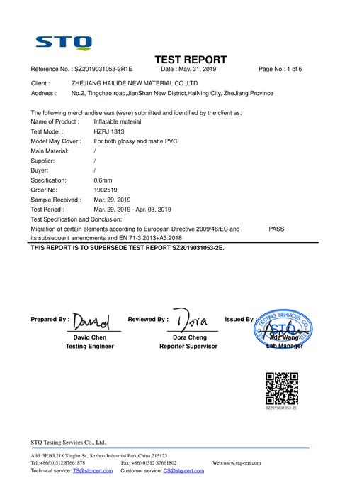 0.60 mm PVC Fabric Test Report issued by STQ Testing Services, 2019