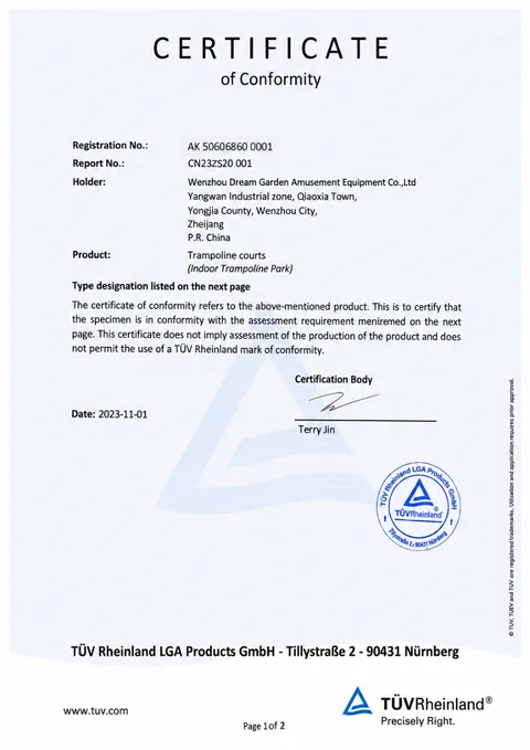 Trampoline Courts Certificate of Conformity issued by TÜV Rheinland LGA, 2023