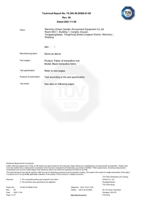 Trampoline Mat Chemical Safety Test (2021 issue) issued by TÜV SÜD, 2021