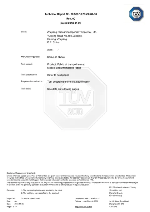 Trampoline Mat Chemical Safety Test issued by TÜV SÜD, 2018