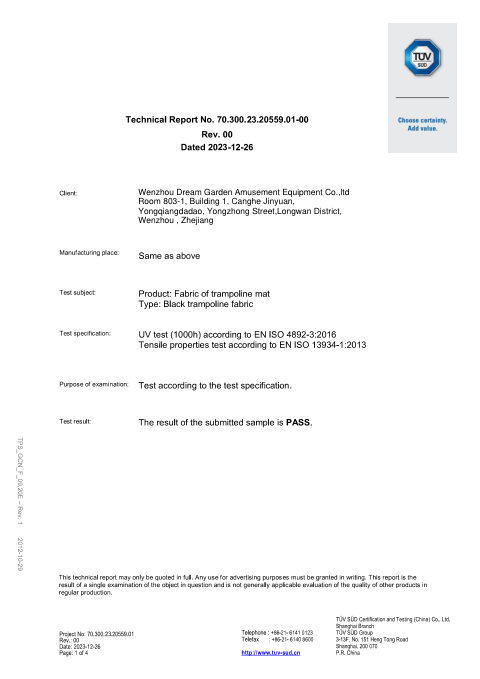 Trampoline Mat UV & Tensile Test (2023) issued by TÜV SÜD, 2023