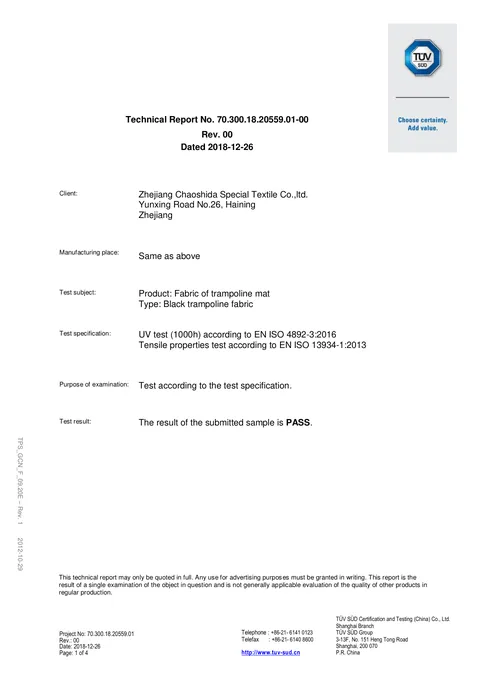 Trampoline Mat UV & Tensile Test issued by TÜV SÜD, 2018