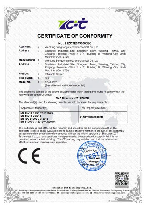 Inflatable Blower CE Certificate issued by ZCT Technology, 2021