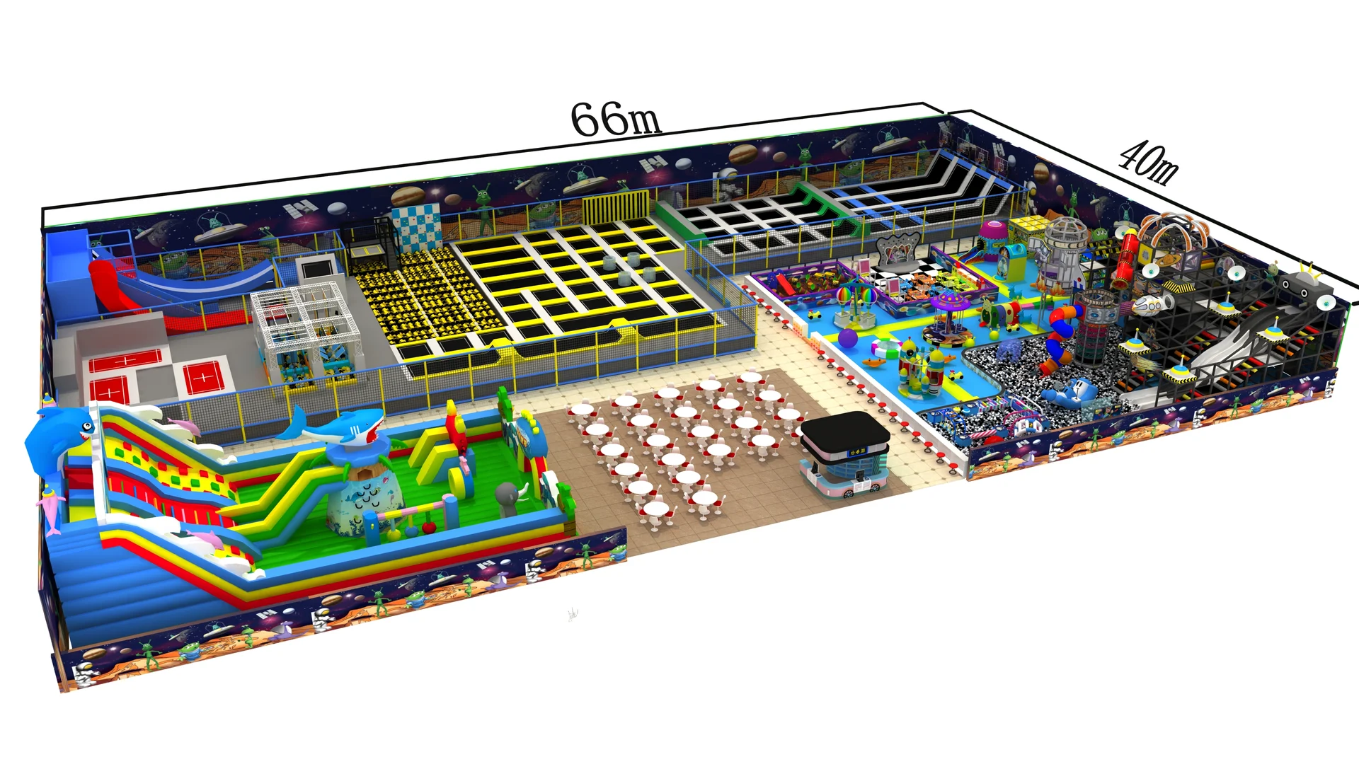 Multi-attraction family entertainment center concept with trampoline courts and play zones