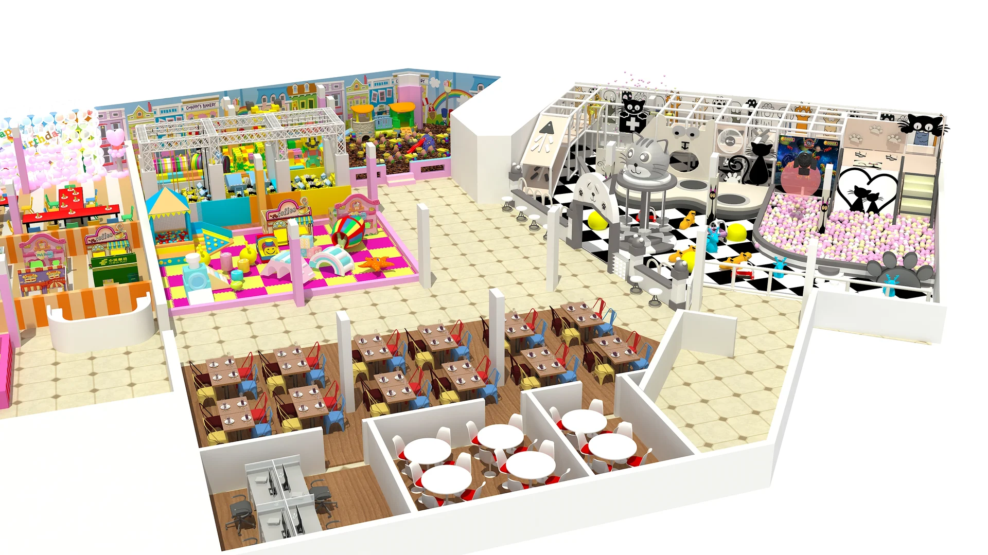 Family play venue concept with an adjacent seating and dining zone
