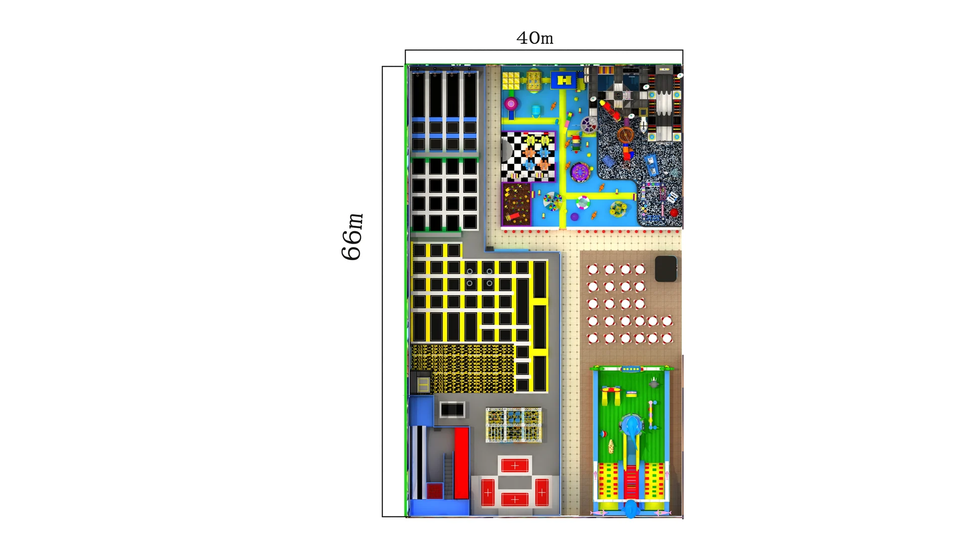 Top-down family entertainment center plan showing attraction zones and seating