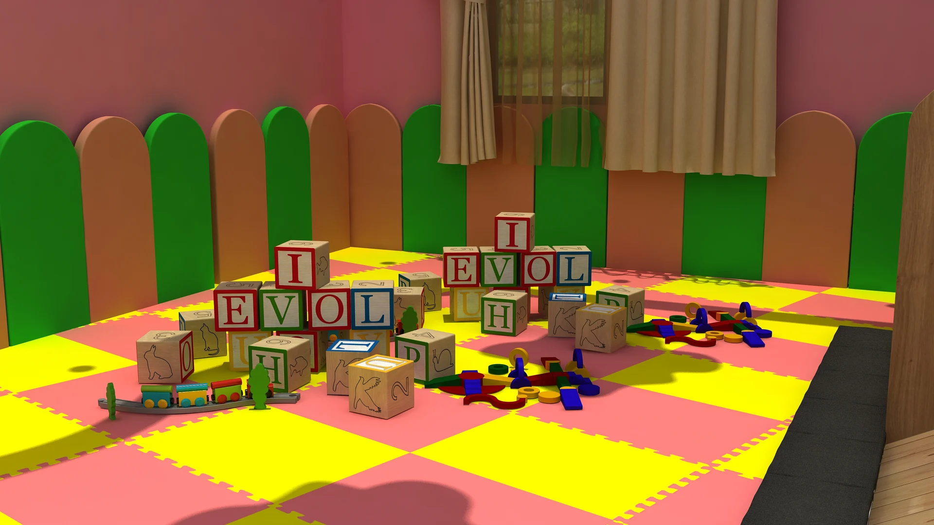 Toddler activity room concept with building blocks and padded flooring