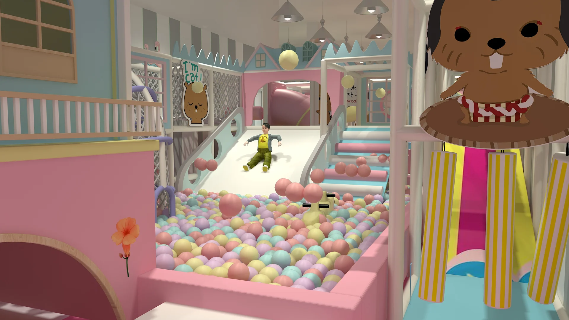 Pastel ball pool and slide concept inside a themed indoor playroom