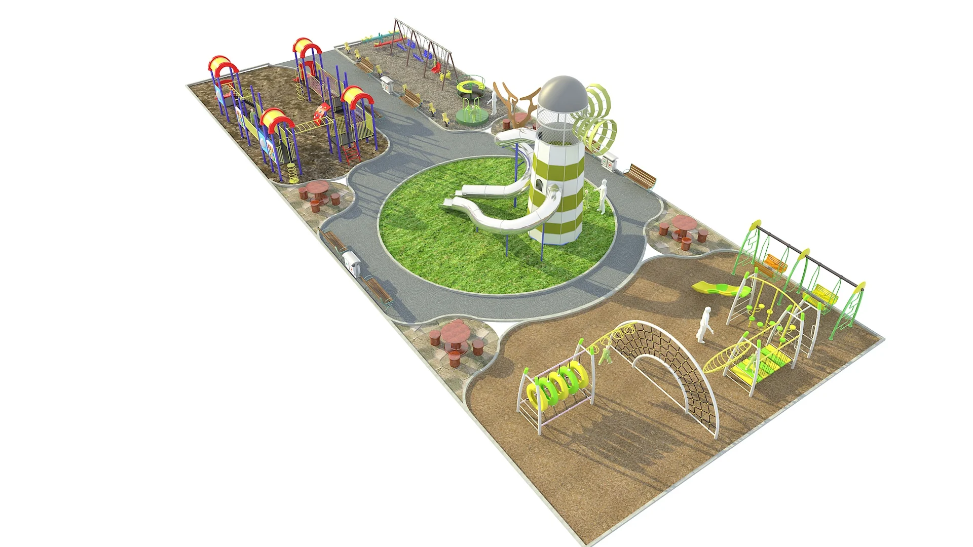 Outdoor playground concept with multiple activity zones and a central tower