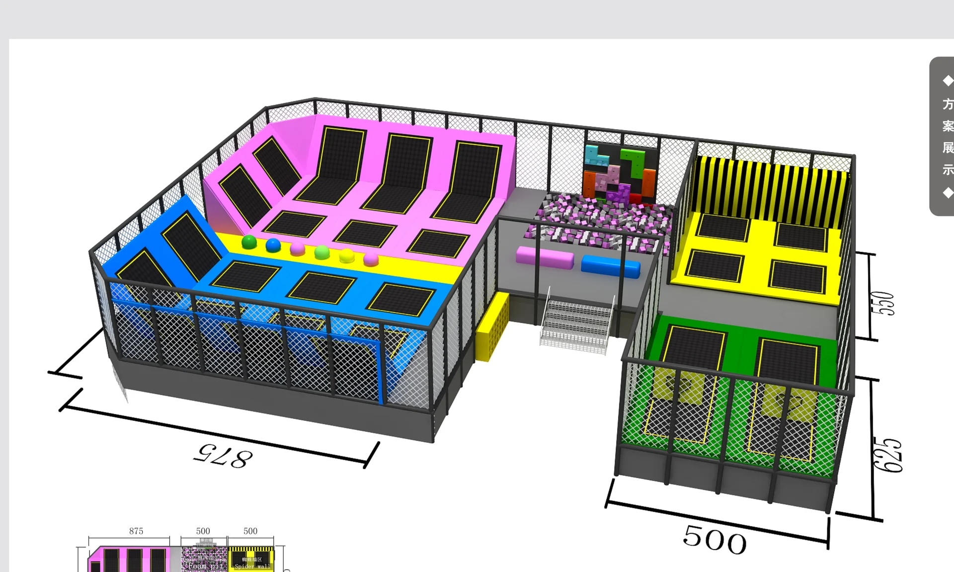 Three-dimensional trampoline park concept with jump courts and foam pit