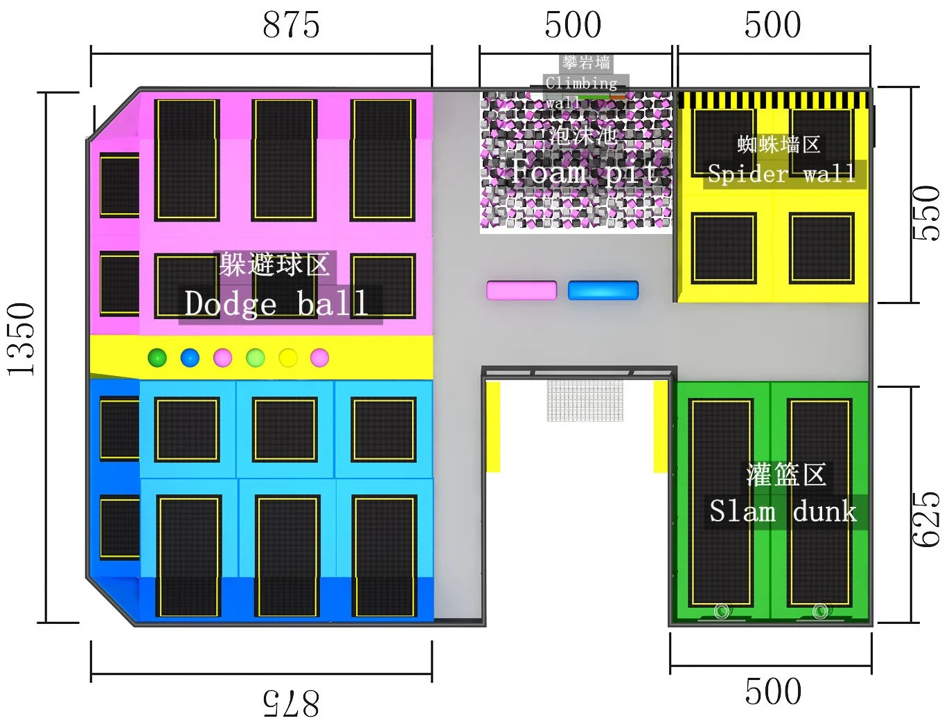 Dimensioned trampoline park floor plan showing jump courts and activity zones