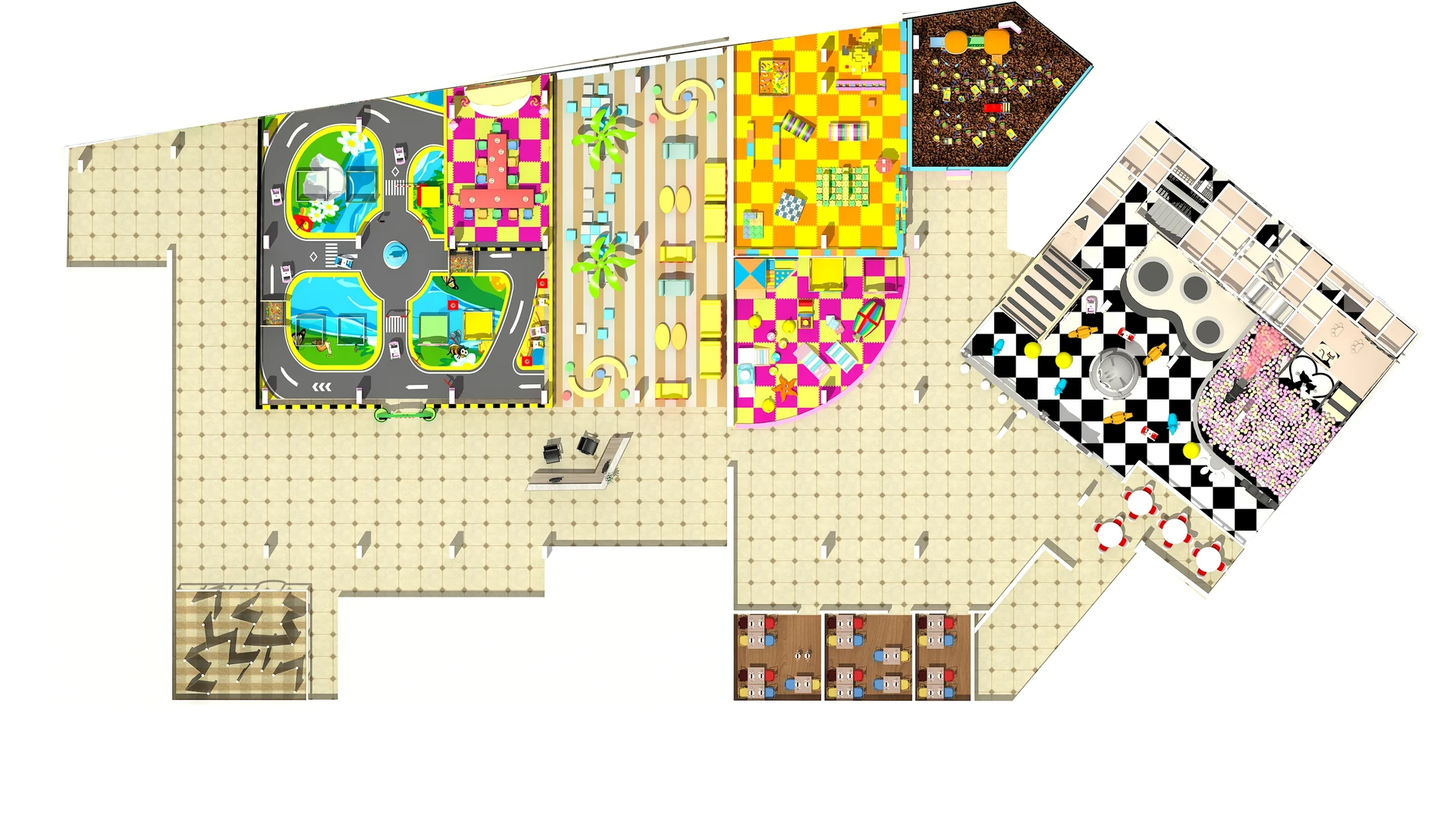 Top-down playground proposal showing equipment zones, circulation and seating areas