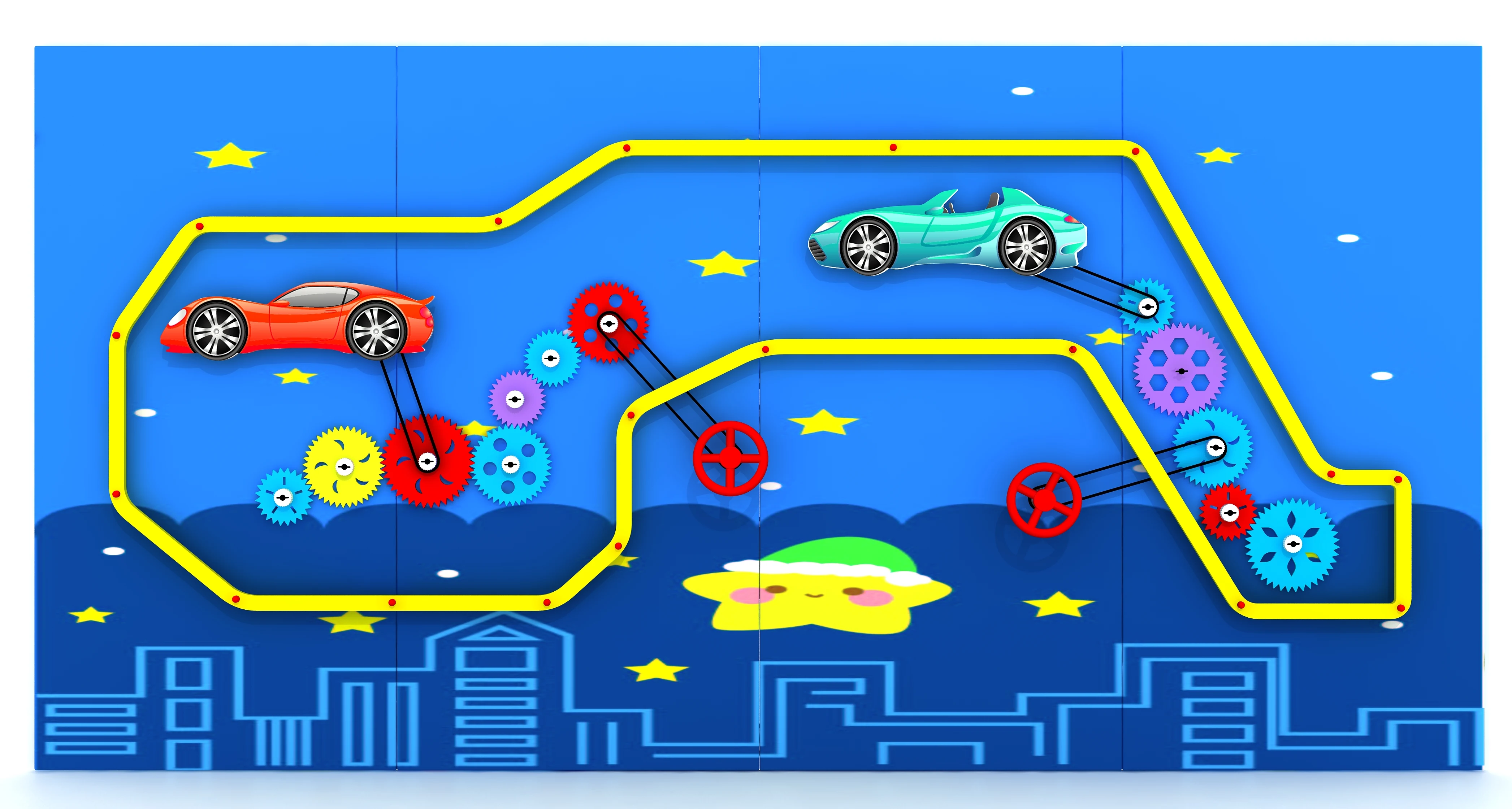 3-Panel Gear Wall with Cars | Interactive Gear Play Panel for Indoor Playgrounds – Galaxy Track Series
