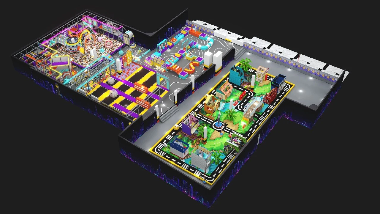 Large indoor family entertainment center layout showing trampoline park, soft play area, role-play city, and activity zones