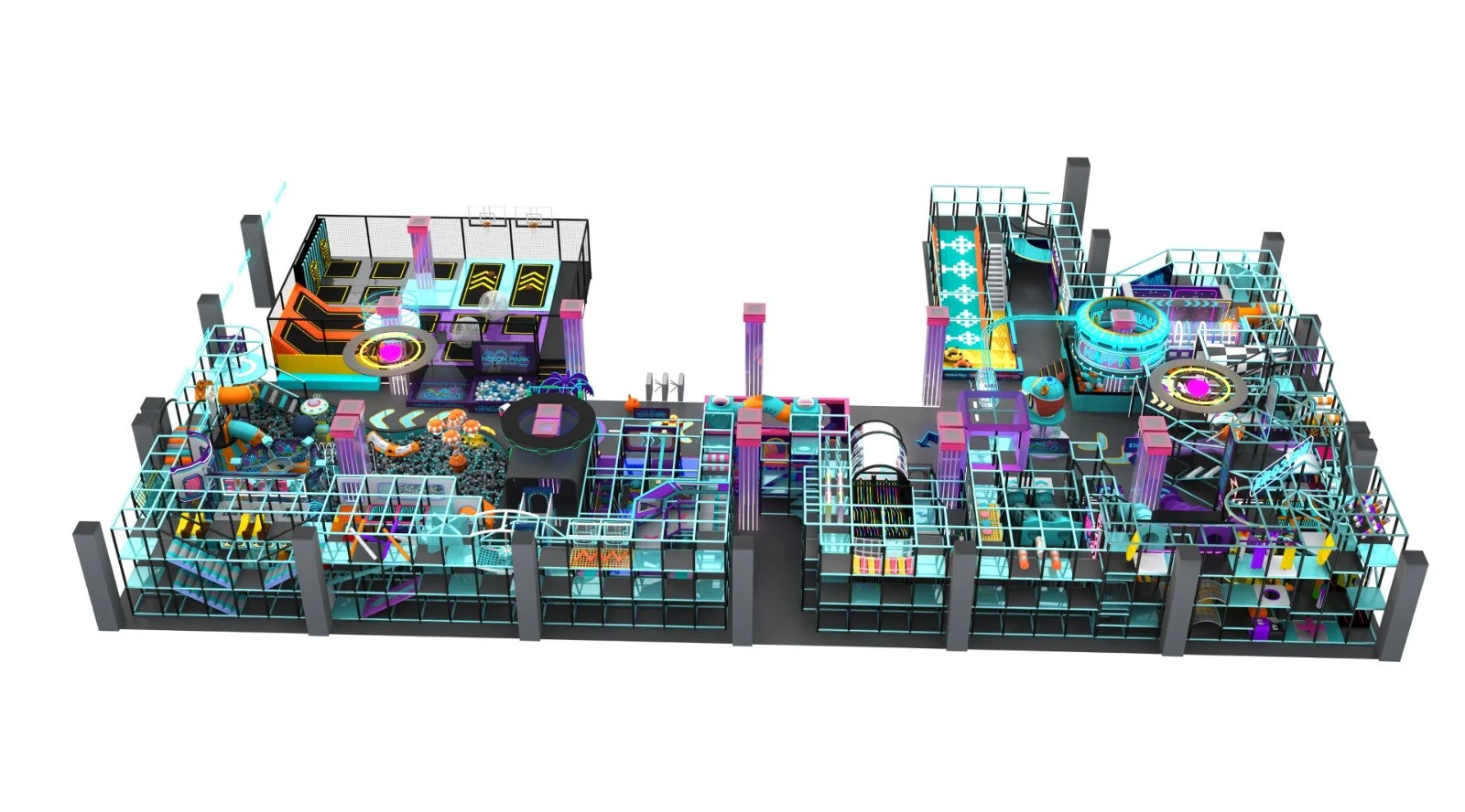 Futuristic Themed Indoor Playground Design with Trampoline Area and Multi-Level Interactive Play Structures