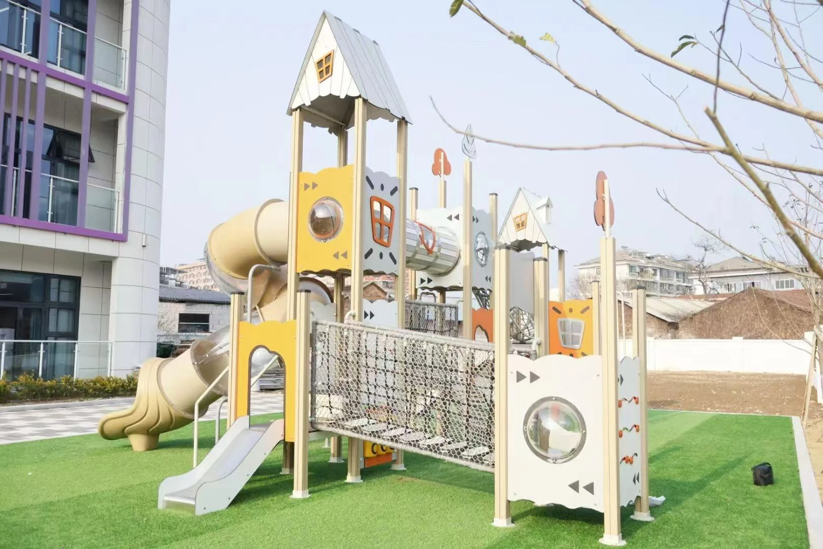 Modern Outdoor Playground with Aluminum + WPC Posts | Durable Slides, Bridges & Climbing Structures