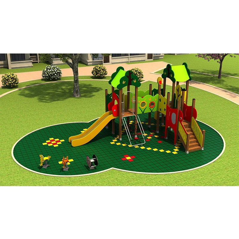 Nature Theme Outdoor Playground | Treehouse Style Kids Play Structure with Slide and Spring Riders
