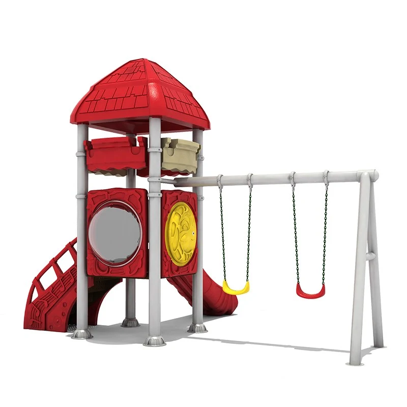 Compact Outdoor Playground Tower with Swings and Tube Slide | Red Roof Playset for Kids
