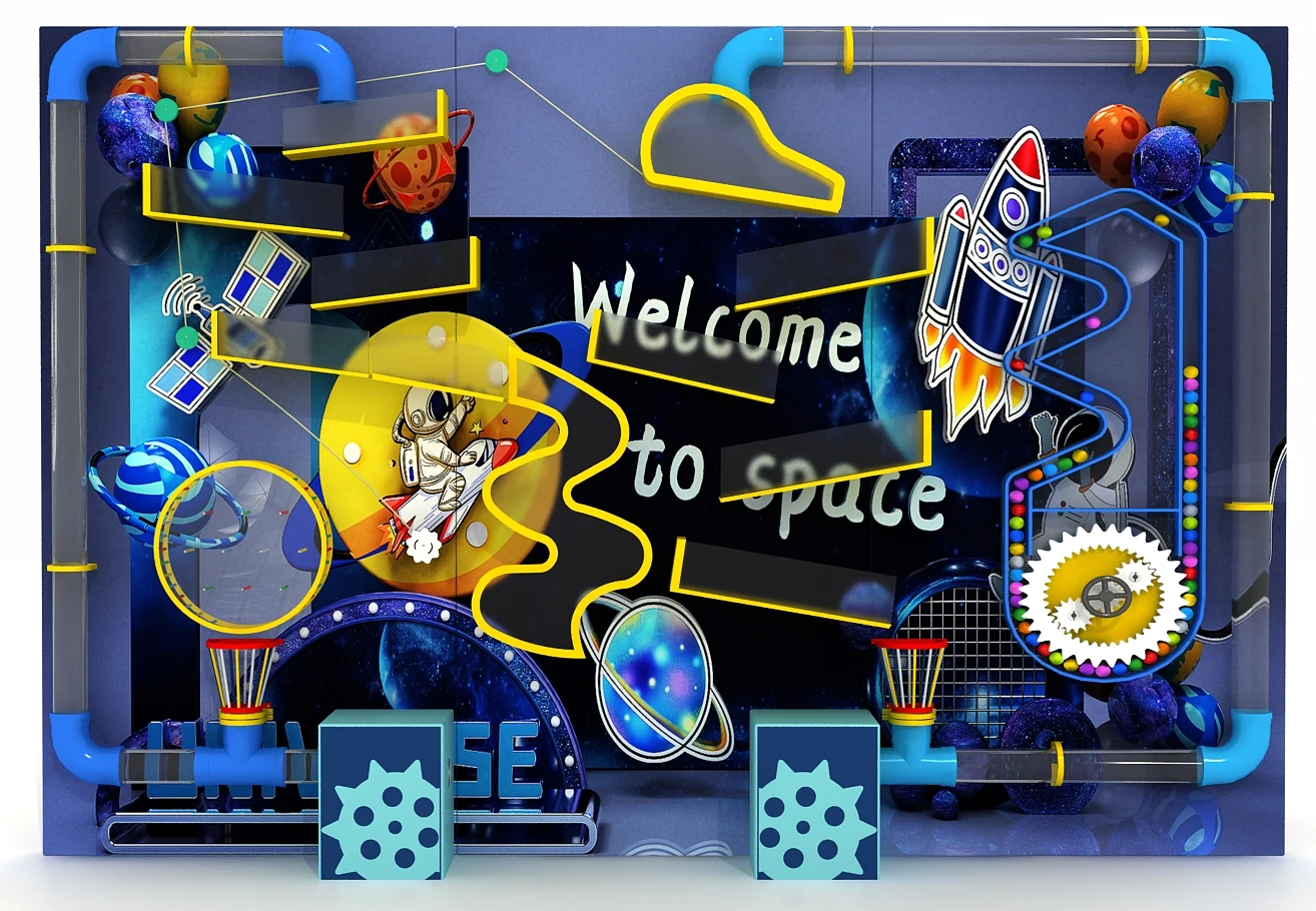 Universe-Themed Gear Track Air Tube Wall | 3-Panel “Welcome to Space” Interactive Ball Game for Kids