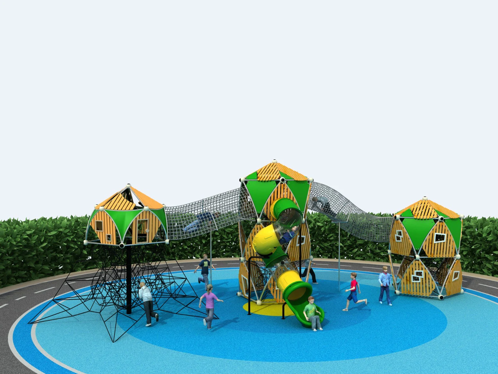 Outdoor Treehouse Adventure Playground – Multi-Tower Climbing Net & Tunnel Slide System