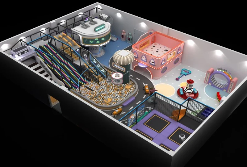 Futuristic Indoor Playground with Multi-Zone Play Areas