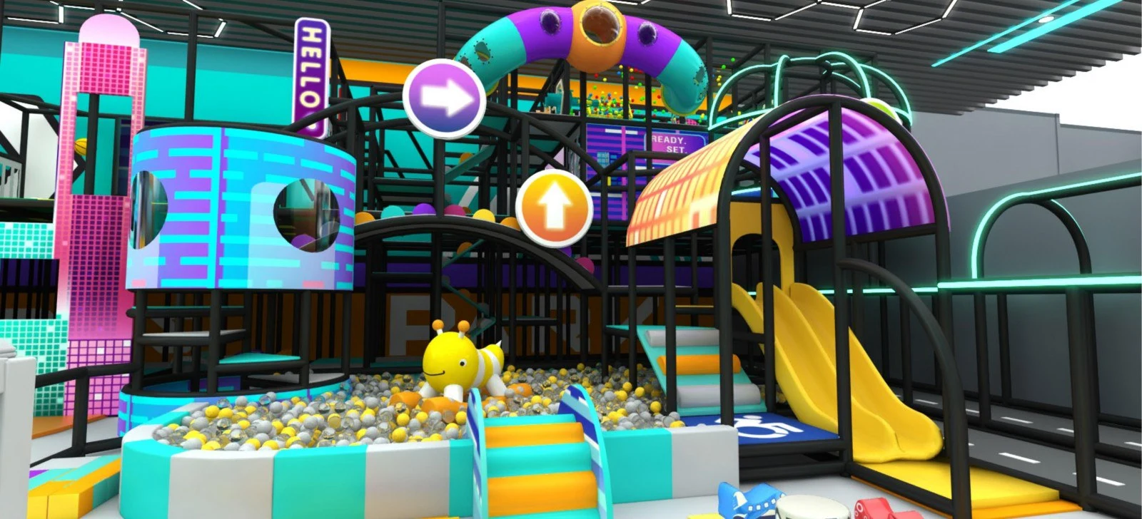 Multi-level indoor play structure with climbing obstacles