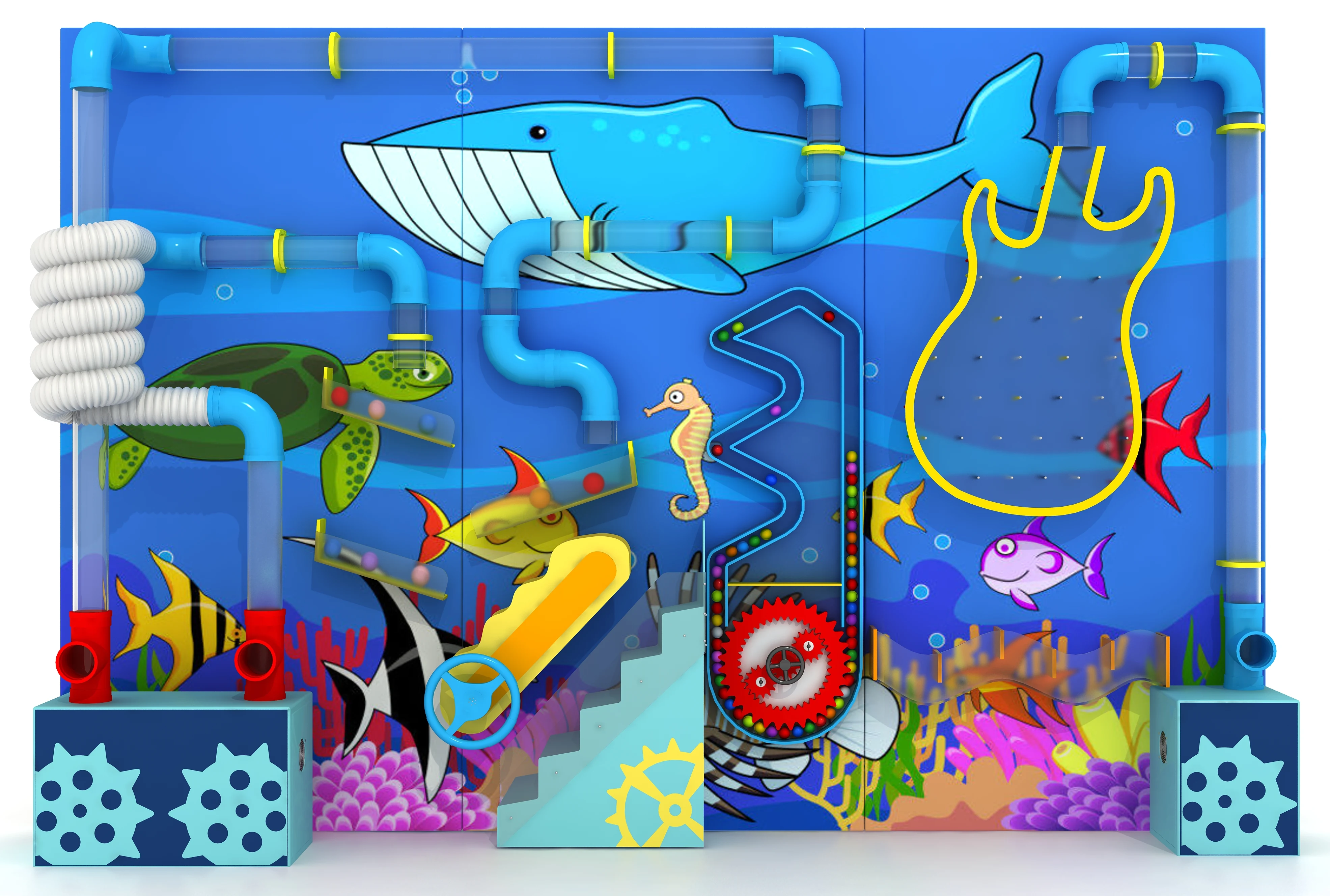 3-Panel Ocean-Themed Musical Ball Wall | Interactive Air Tube System with Gear & Guitar Play Module