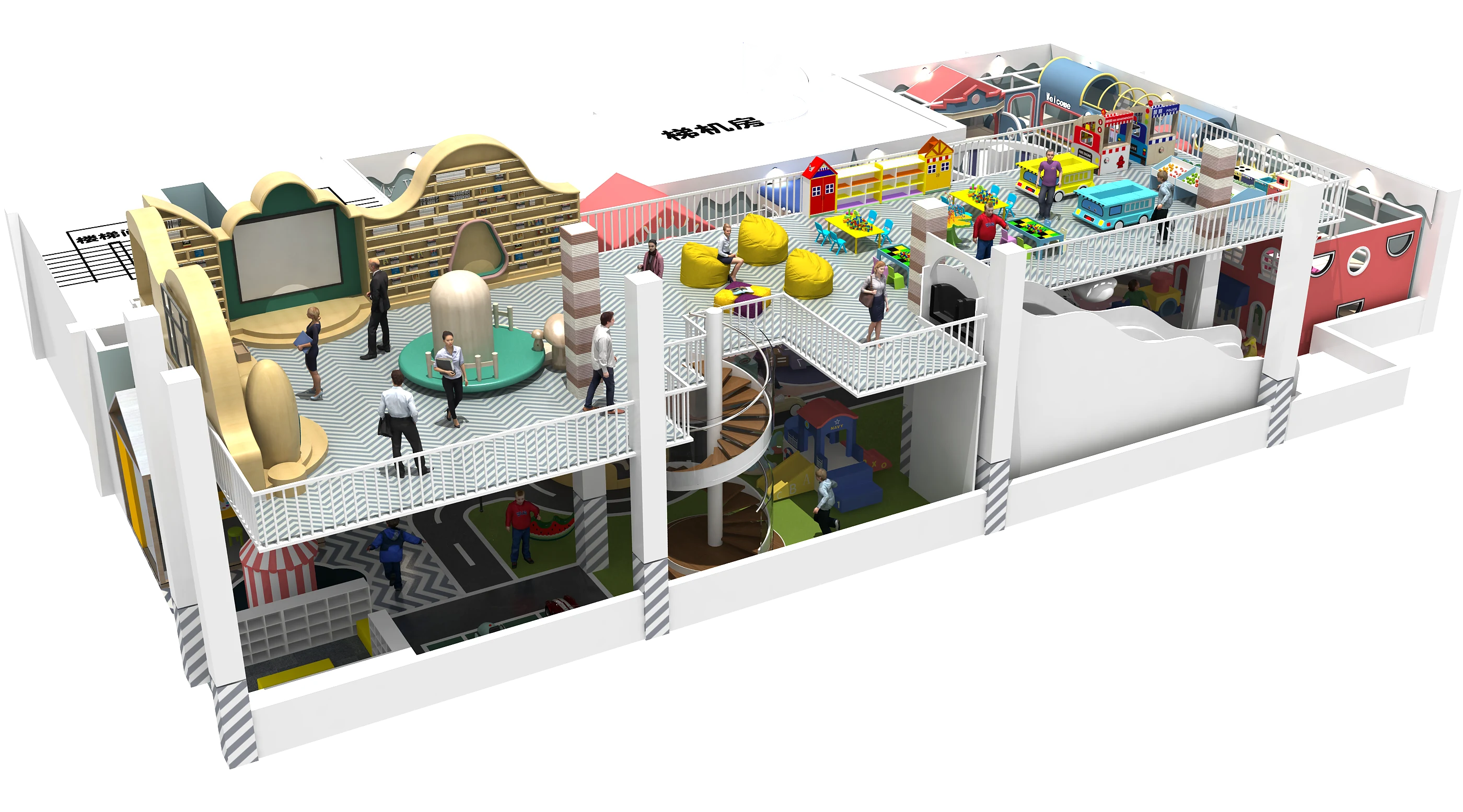 Edutainment Family Entertainment Center with Role Play and Library Zone