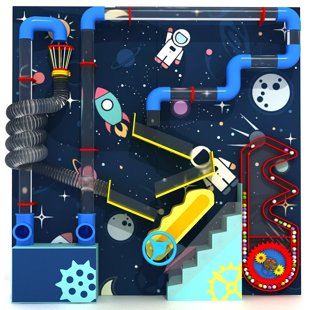 Double Panel Space-Themed Air Tube Ball Wall | Interactive Pneumatic Wall Game for Kids