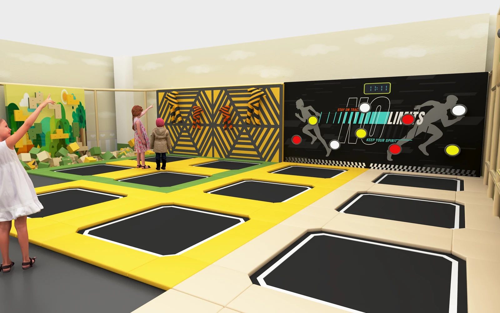 3D commercial trampoline room concept with connected jump courts and padded yellow frames