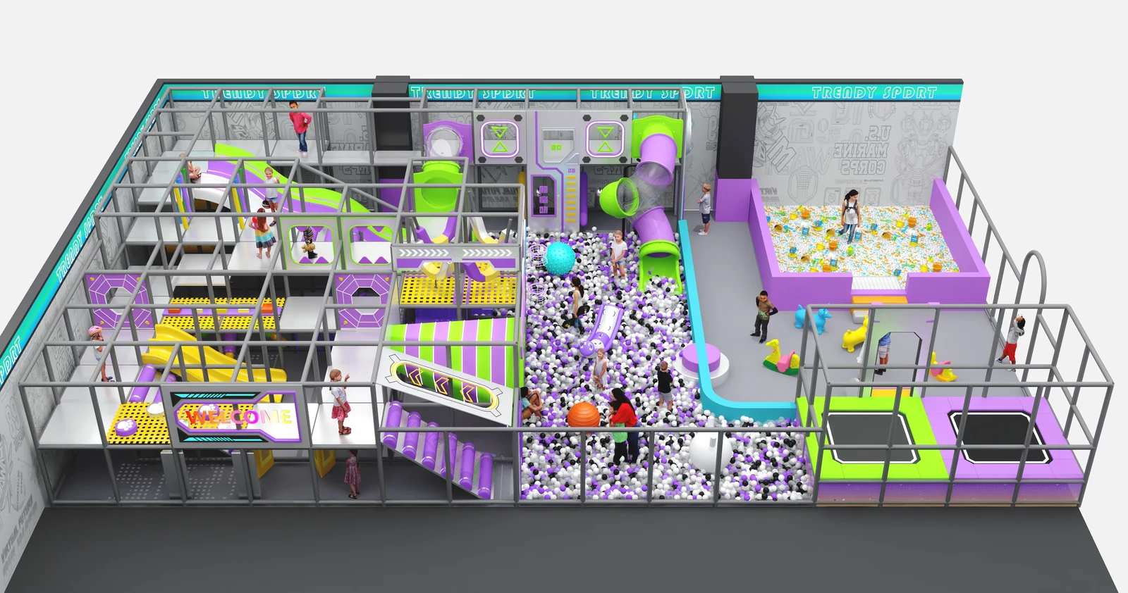 3D indoor playground layout with purple and green soft play structures, slides and ball pits