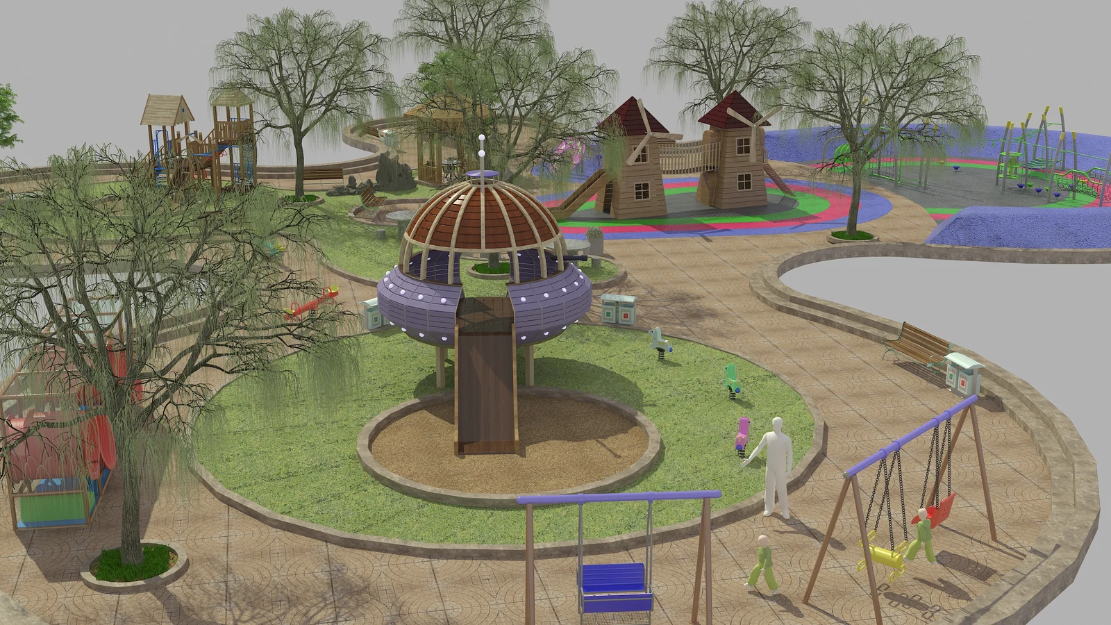 Outdoor playground landscape concept with treehouse towers, slides, swings and connecting paths