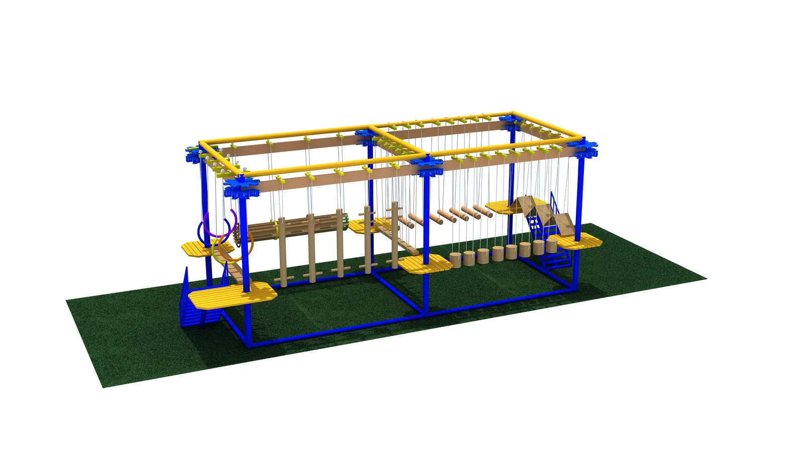 3D two-level ropes course concept with suspended crossing obstacles