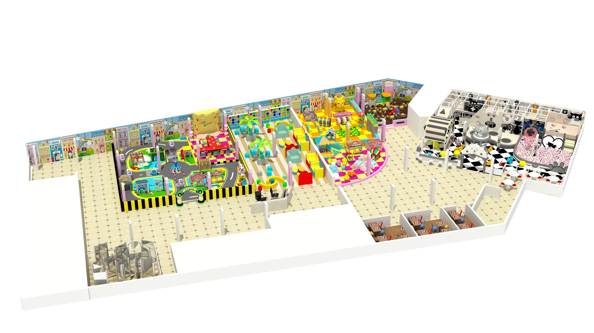 Three-dimensional playground layout with themed play zones and seating