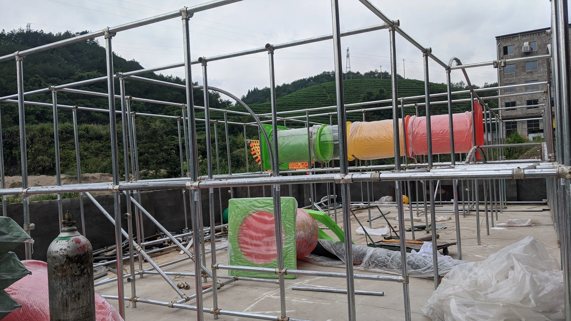 Playground steel frame during outdoor trial assembly